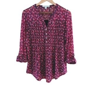 Juniper And Lime Floral 3/4 Button-Up Blouse. Sheer Yoke And Sleeves Sz M